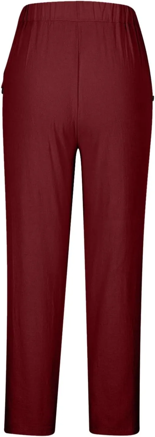 Baggy Pants Women Summer Loose High Waisted Pants Palazzo Comfy Slacks with Pocket Cotton Linen Long Trousers