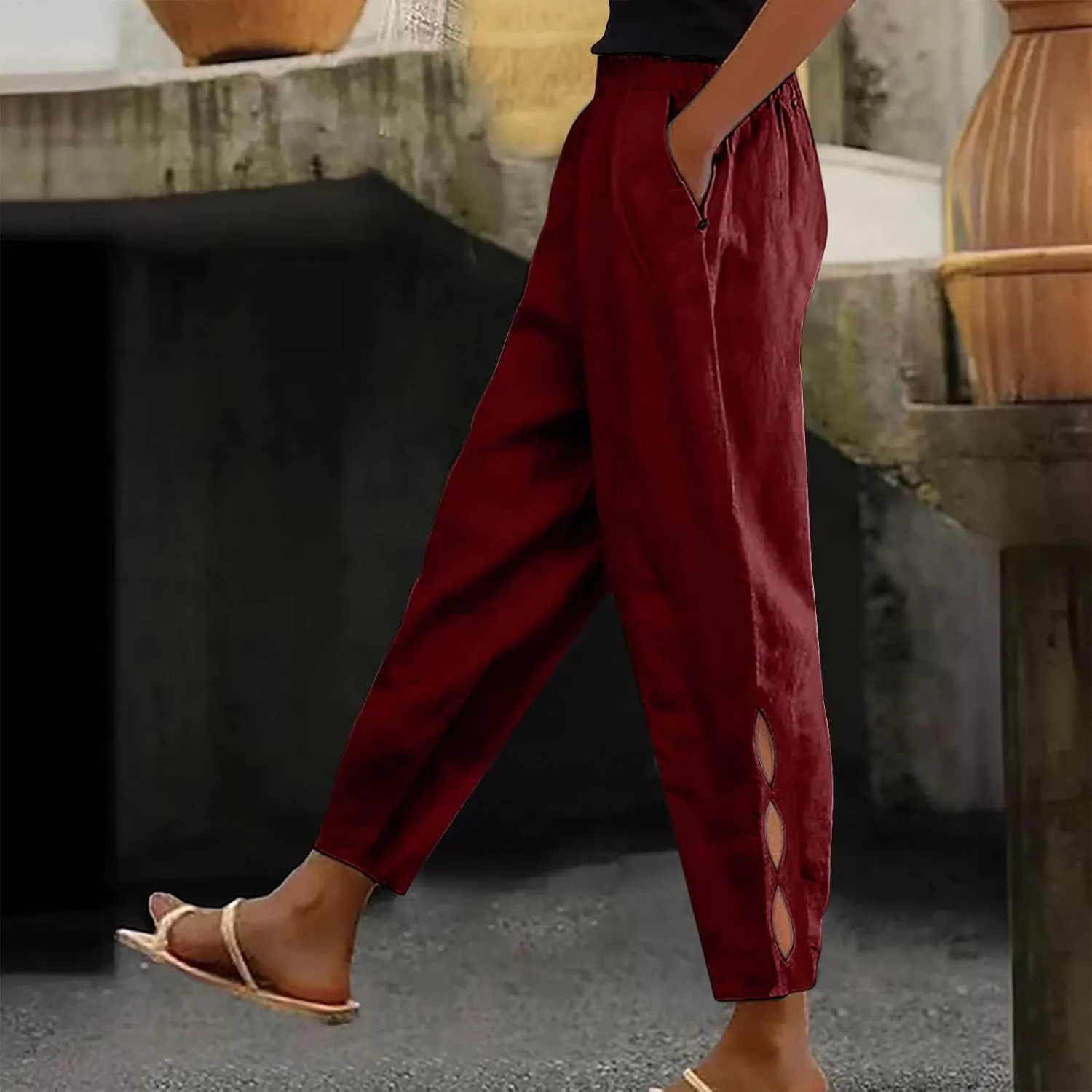 Baggy Pants Women Summer Loose High Waisted Pants Palazzo Comfy Slacks with Pocket Cotton Linen Long Trousers