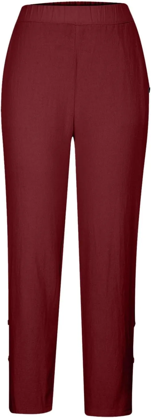 Baggy Pants Women Summer Loose High Waisted Pants Palazzo Comfy Slacks with Pocket Cotton Linen Long Trousers