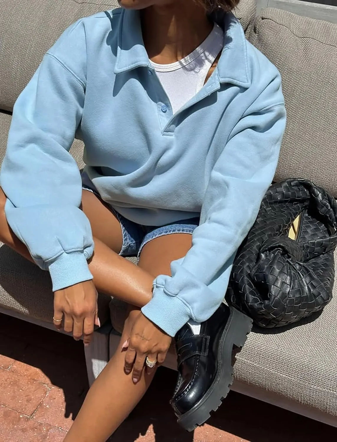 BAIGRAM Women Quarter Button Up Collar Polo Sweatshirt Oversized Fleece Fall Casual Pullover Tops 2024 Cute Outfits