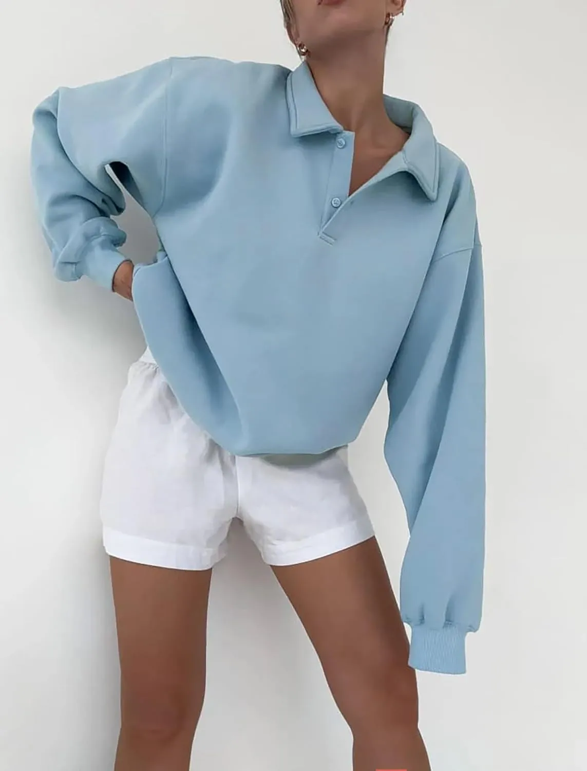 BAIGRAM Women Quarter Button Up Collar Polo Sweatshirt Oversized Fleece Fall Casual Pullover Tops 2024 Cute Outfits