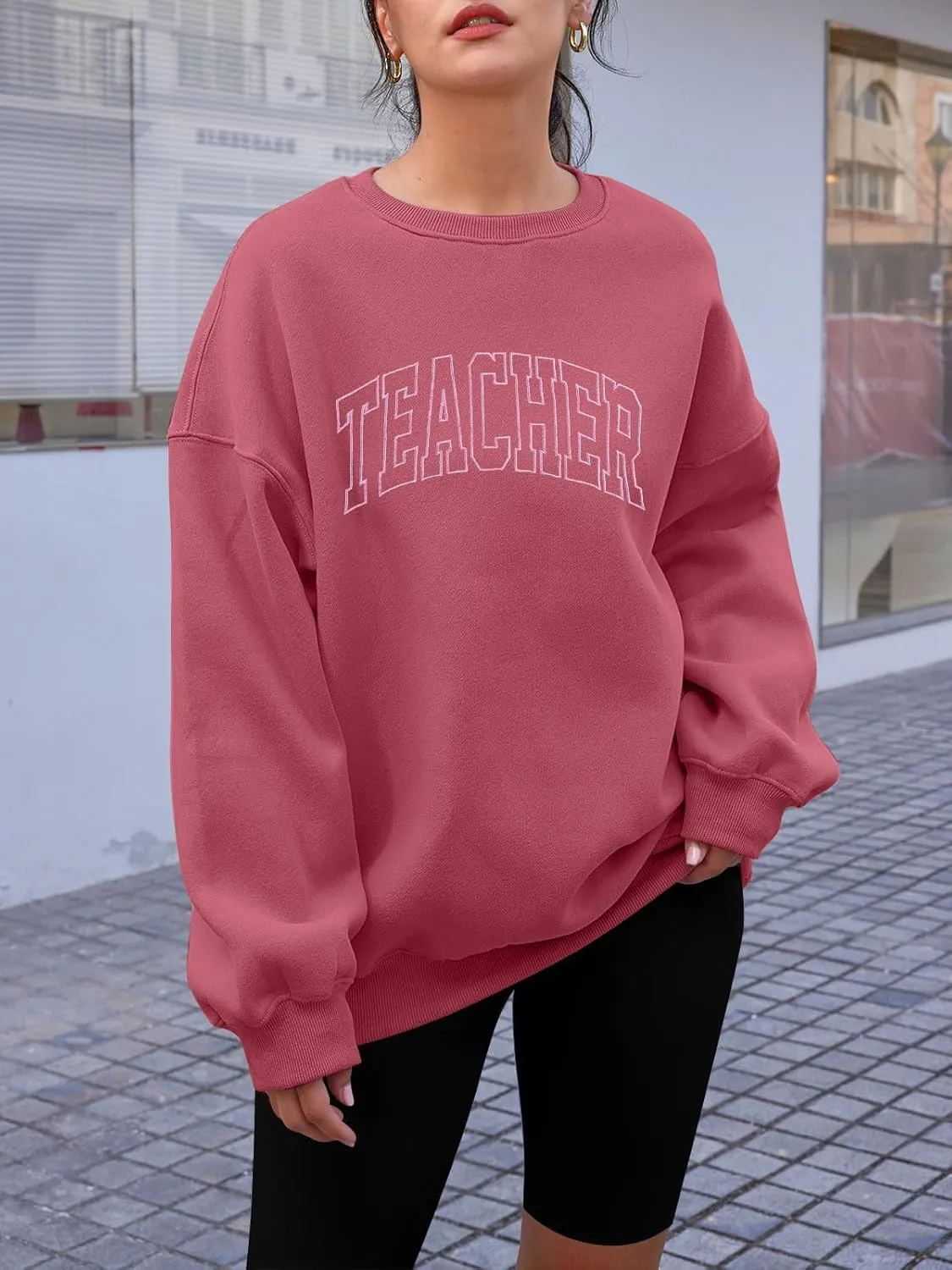 BANGELY Teacher Sweatshirt Women Oversized Retro Teach Crewneck Shirt Embroidery Teacher Life Pullover Long Sleeve Tops