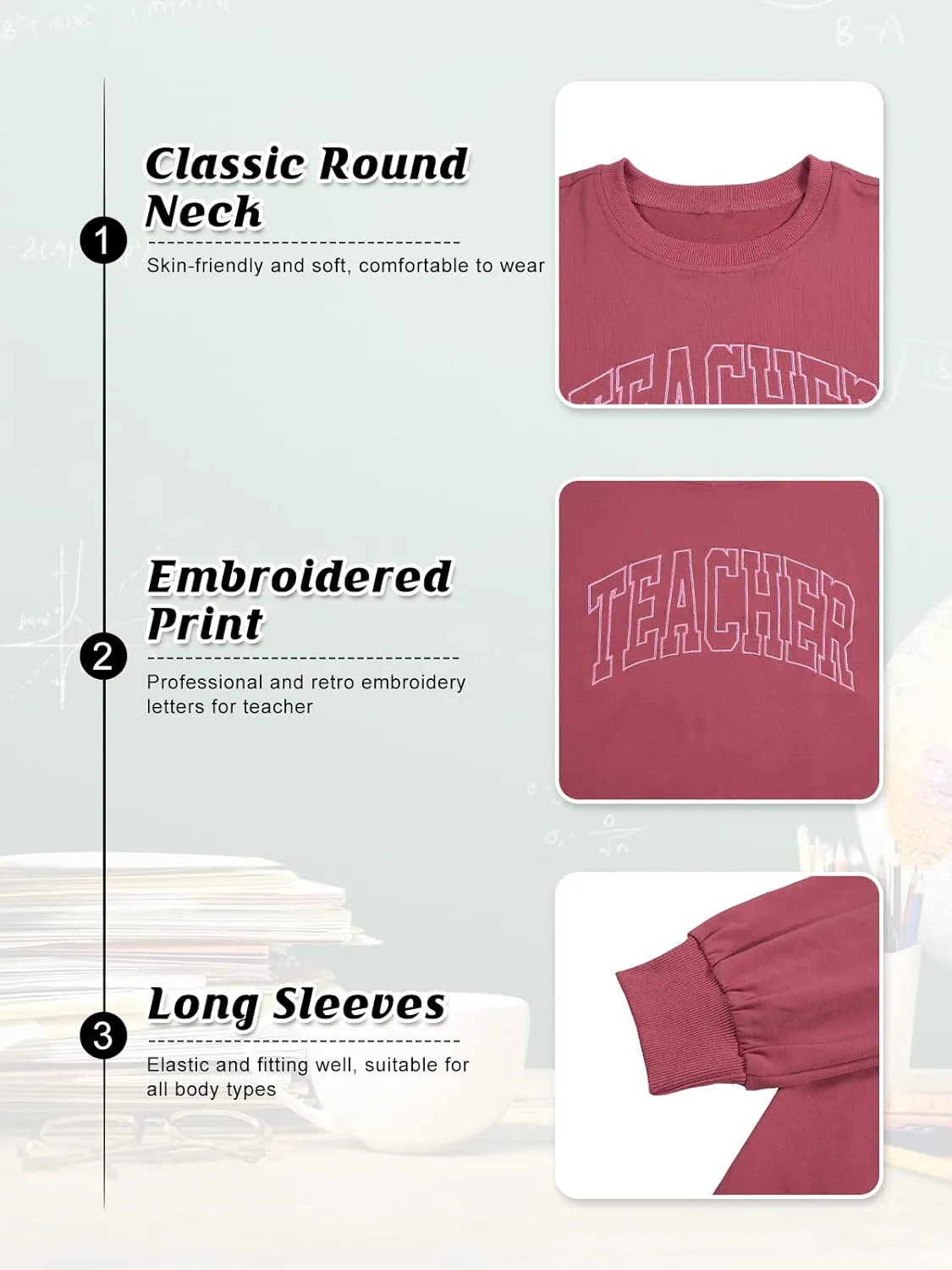 BANGELY Teacher Sweatshirt Women Oversized Retro Teach Crewneck Shirt Embroidery Teacher Life Pullover Long Sleeve Tops