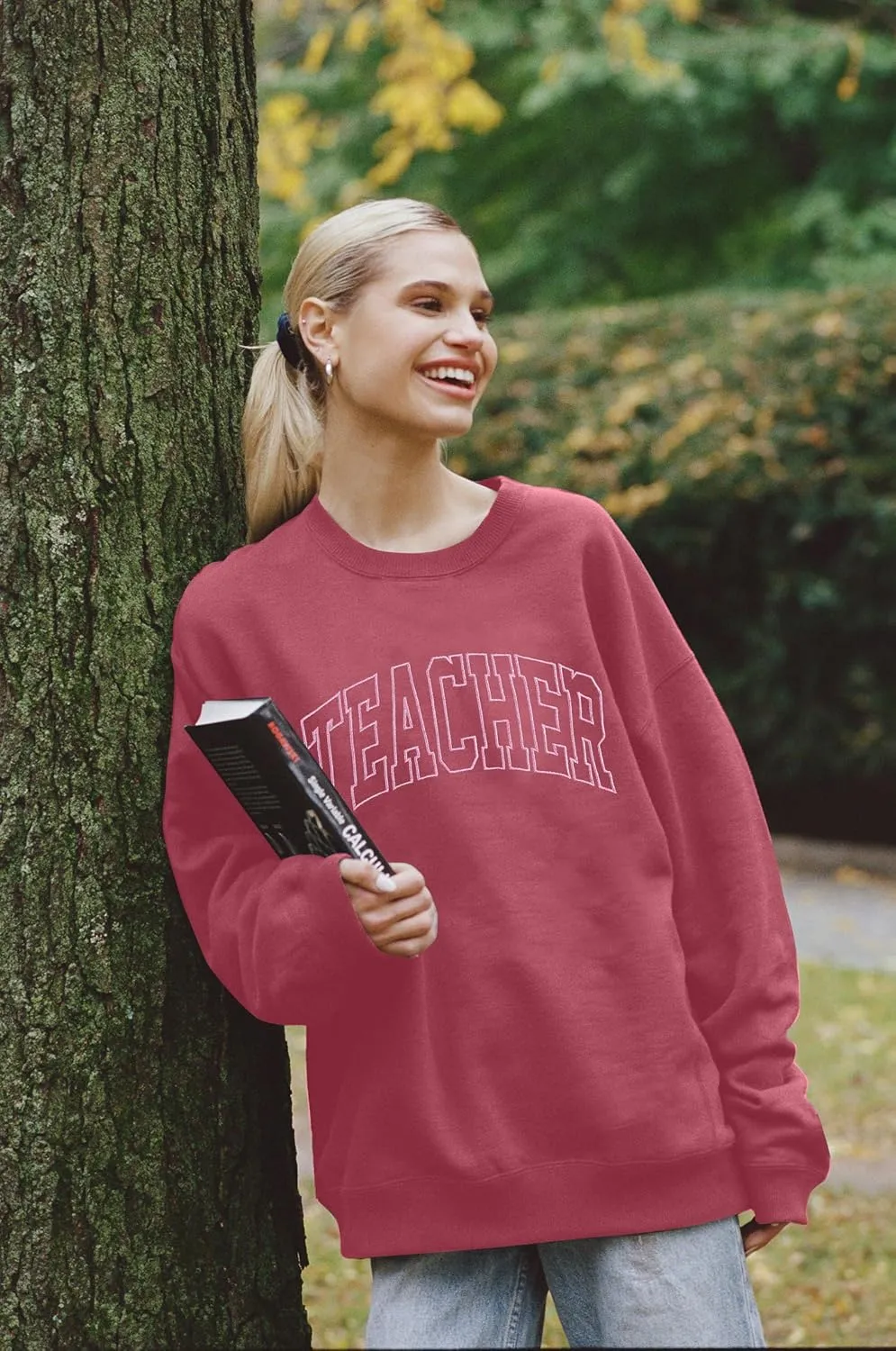 BANGELY Teacher Sweatshirt Women Oversized Retro Teach Crewneck Shirt Embroidery Teacher Life Pullover Long Sleeve Tops