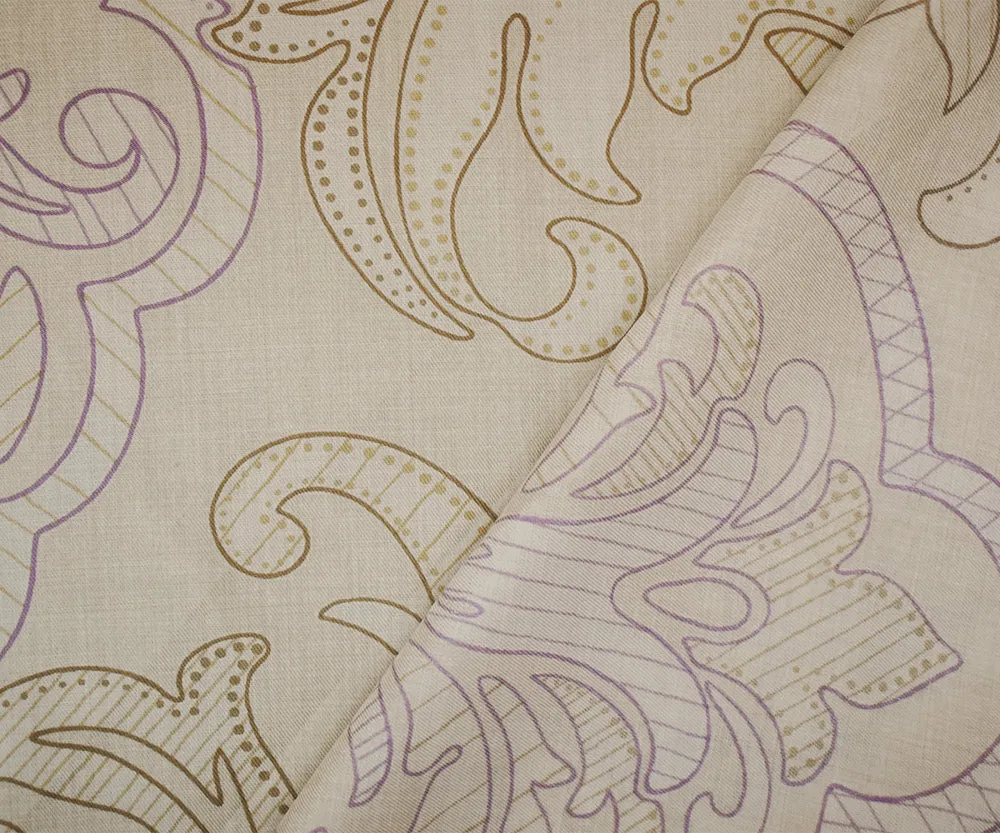 Beige-Lavender-Multi Abstract Baroque Printed Cotton Twill Sateen Fabric