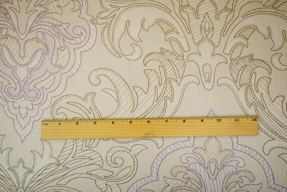 Beige-Lavender-Multi Abstract Baroque Printed Cotton Twill Sateen Fabric