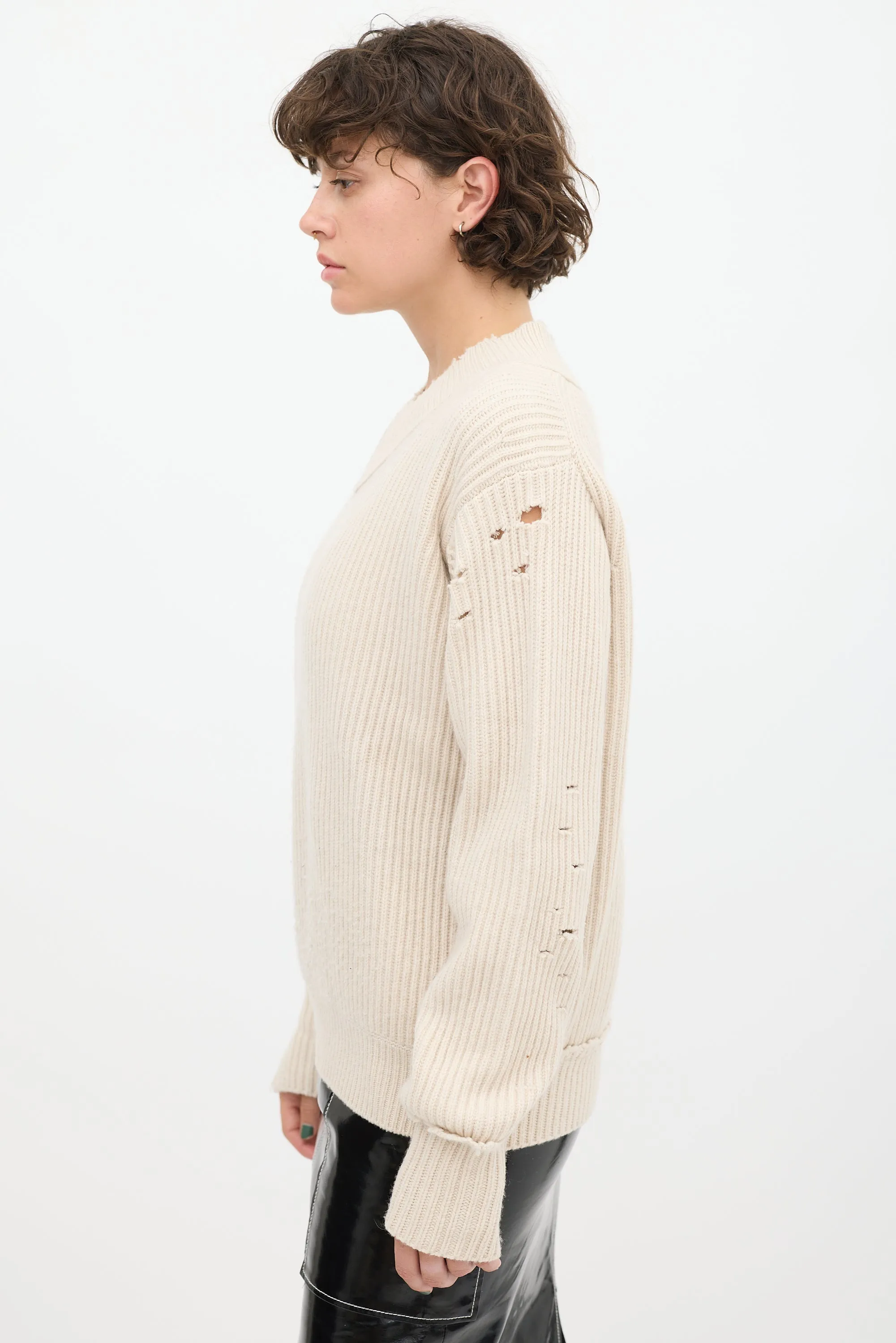 Beige Wool Distressed Knit Sweater