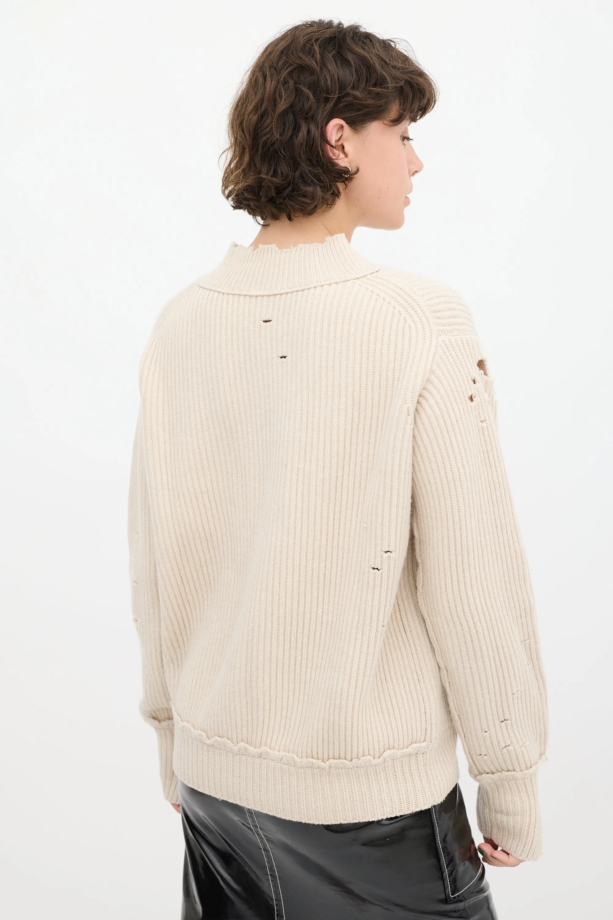 Beige Wool Distressed Knit Sweater