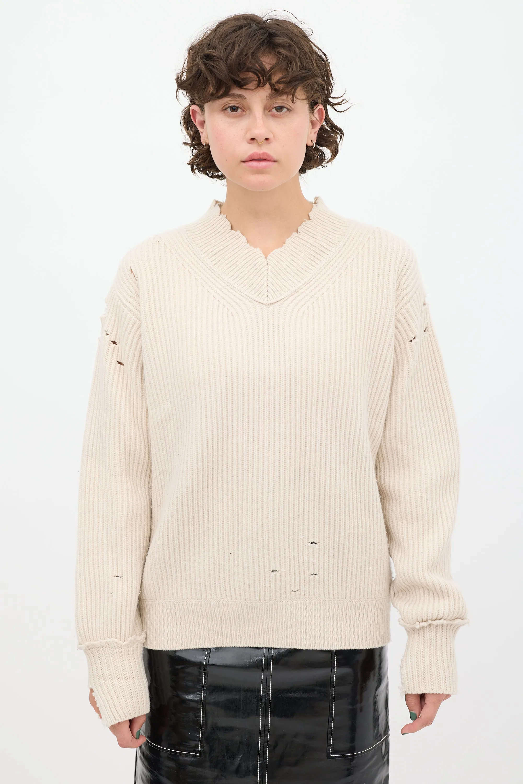 Beige Wool Distressed Knit Sweater