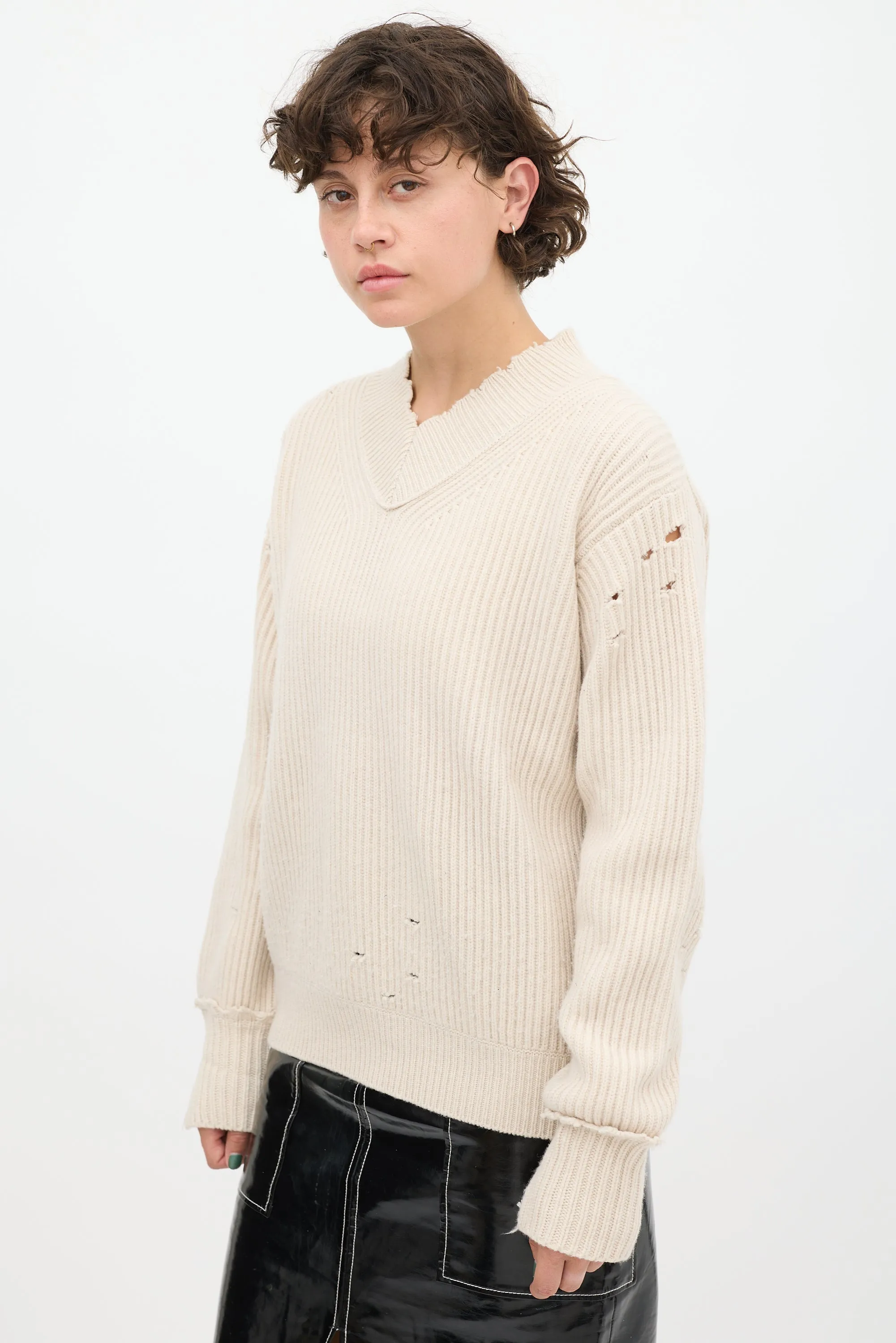 Beige Wool Distressed Knit Sweater