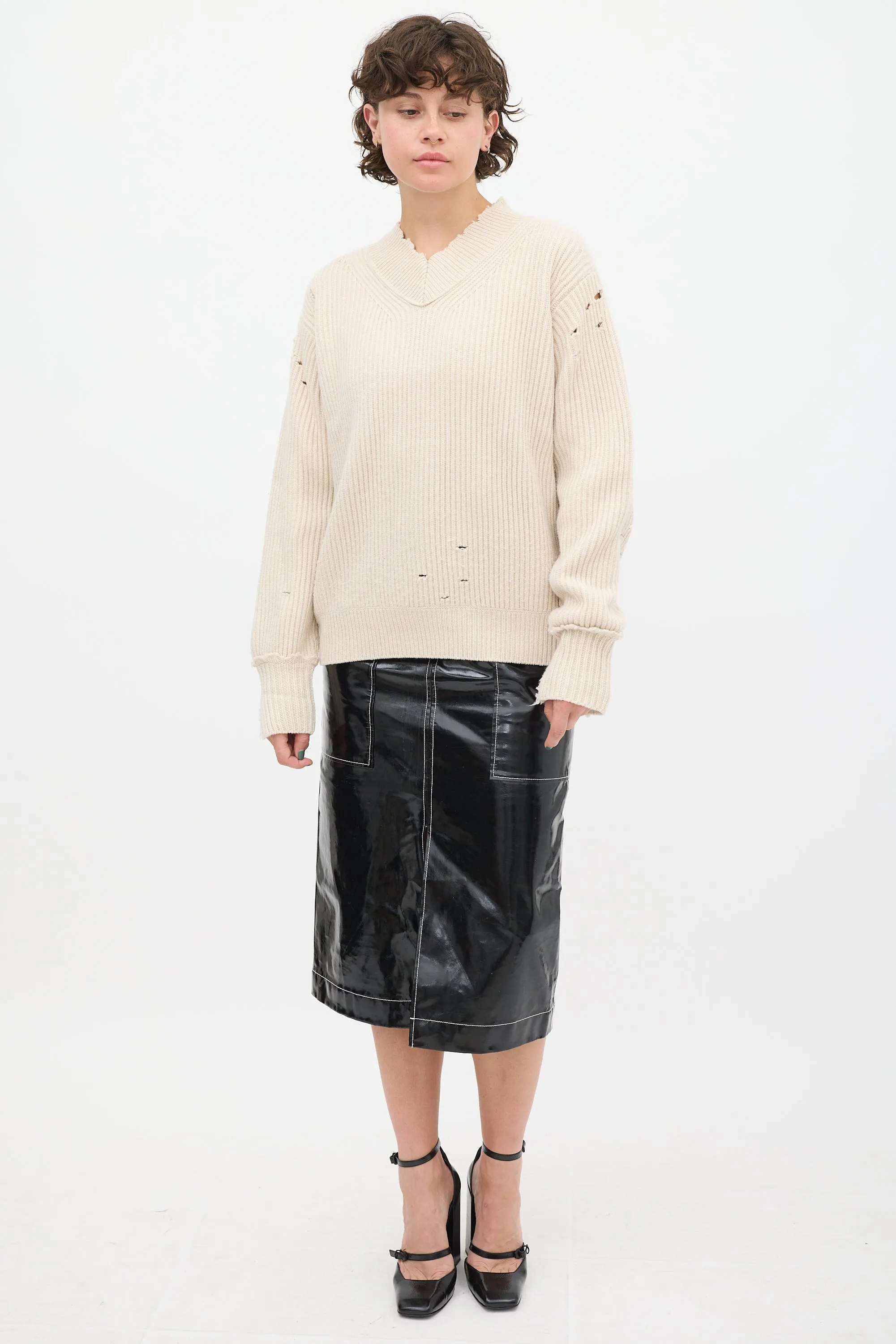 Beige Wool Distressed Knit Sweater
