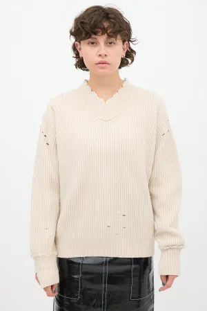 Beige Wool Distressed Knit Sweater