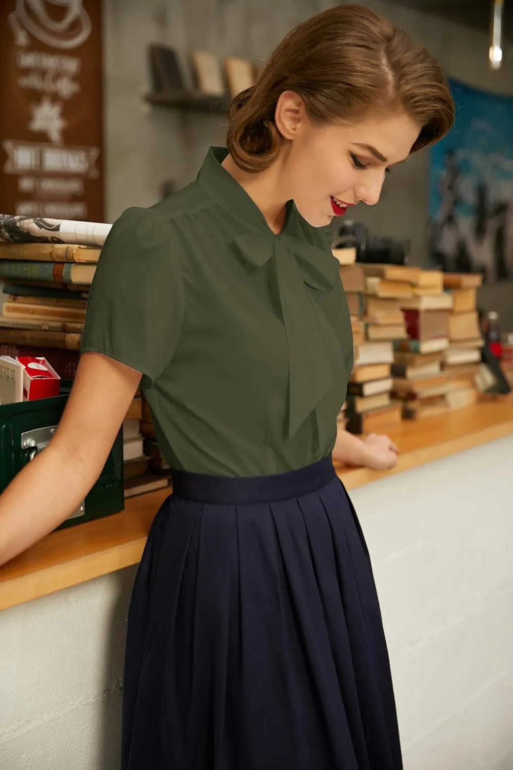 Belle Poque Summer Short Sleeve Office Button Down Blouse Stripe Shirt Tops with Bow Tie BP573
