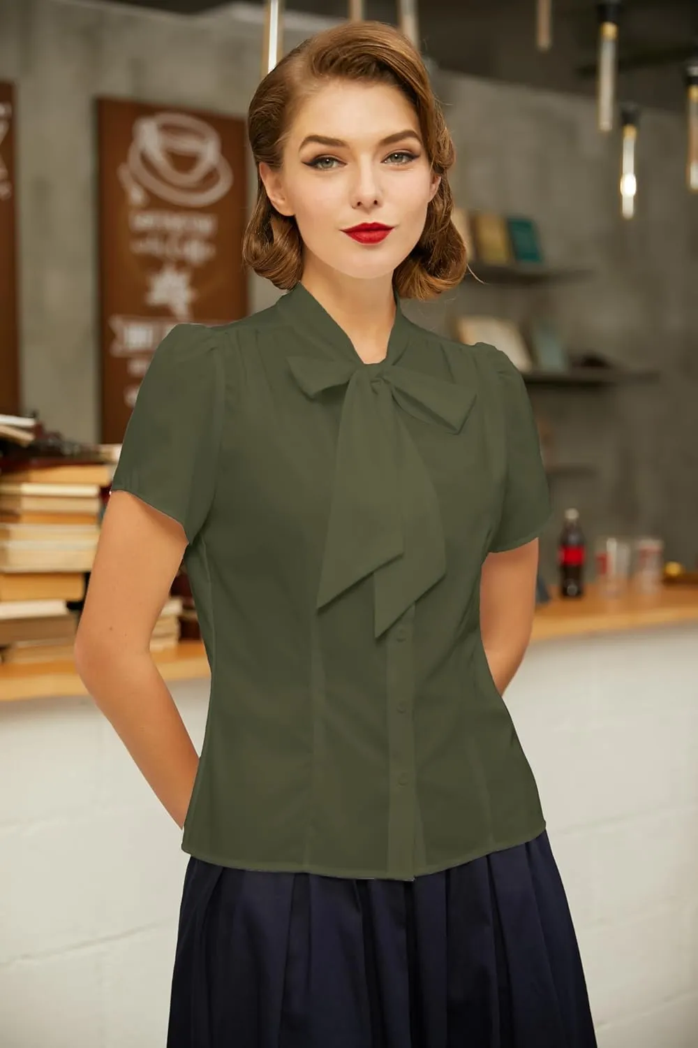 Belle Poque Summer Short Sleeve Office Button Down Blouse Stripe Shirt Tops with Bow Tie BP573