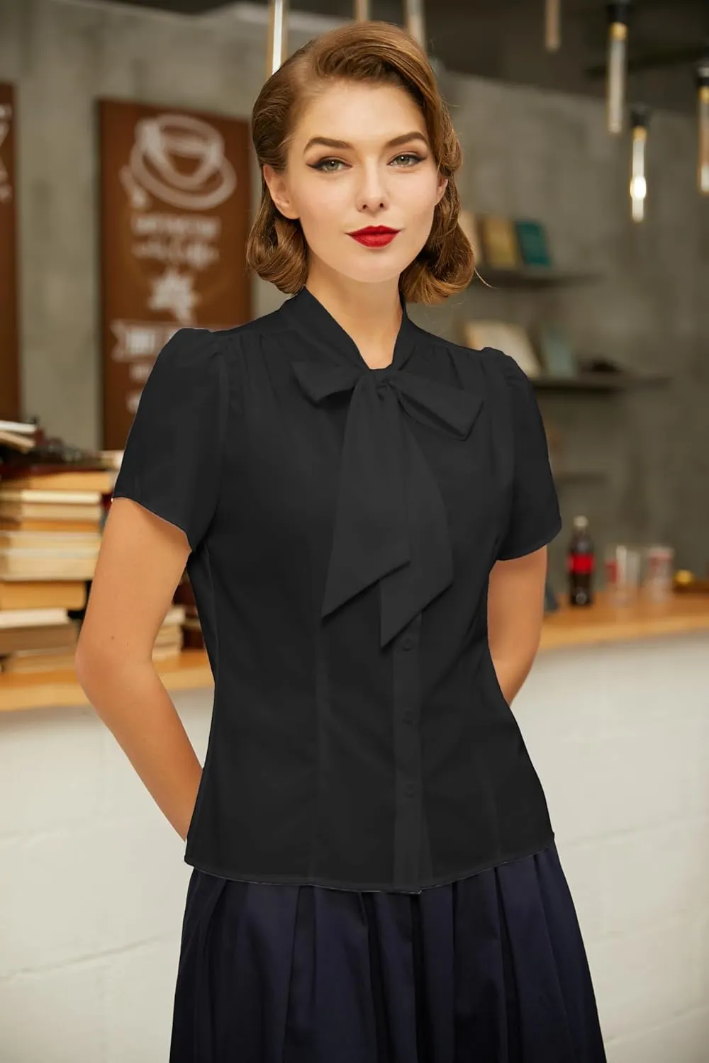 Belle Poque Summer Short Sleeve Office Button Down Blouse Stripe Shirt Tops with Bow Tie BP573