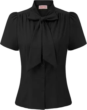 Belle Poque Summer Short Sleeve Office Button Down Blouse Stripe Shirt Tops with Bow Tie BP573