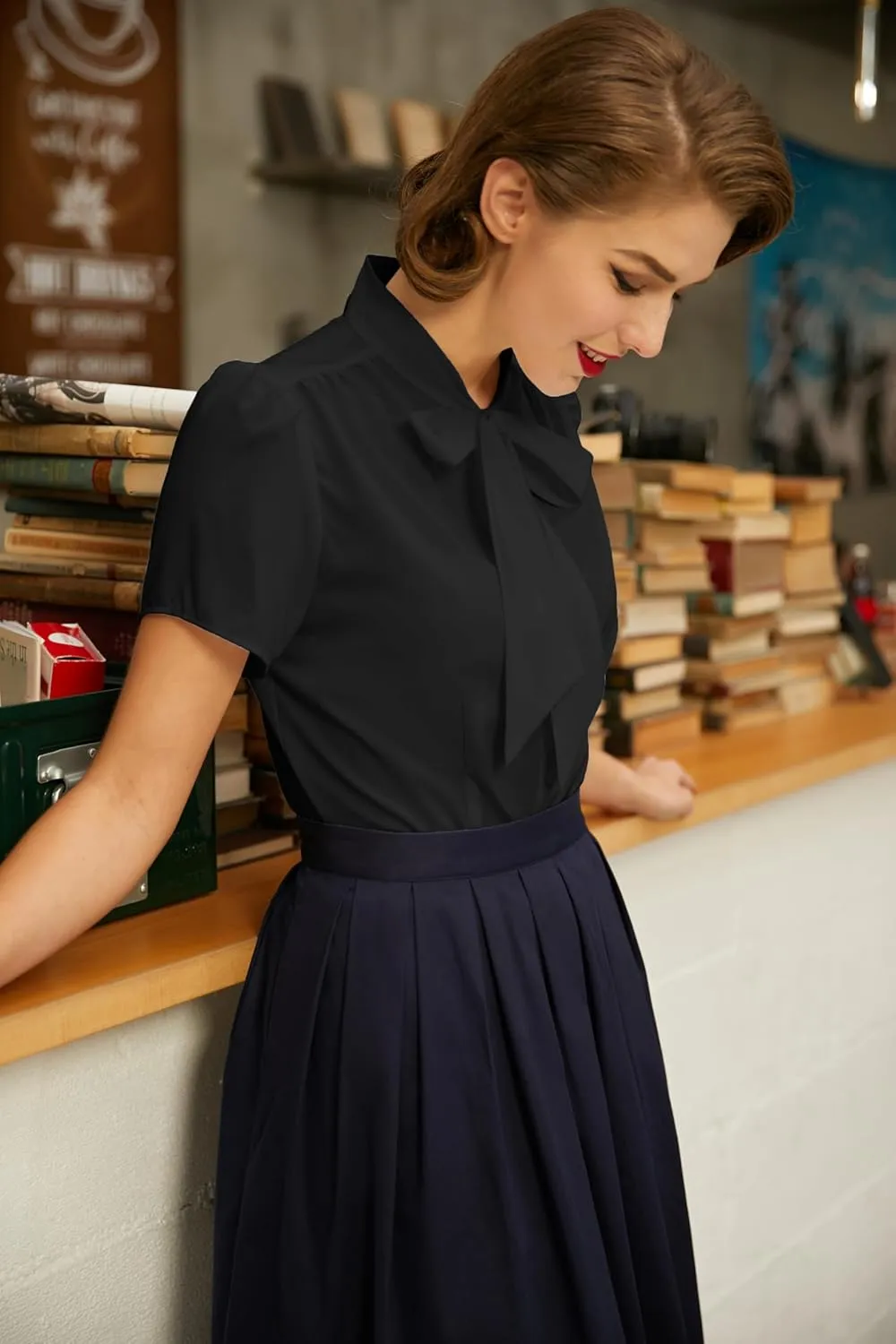 Belle Poque Summer Short Sleeve Office Button Down Blouse Stripe Shirt Tops with Bow Tie BP573