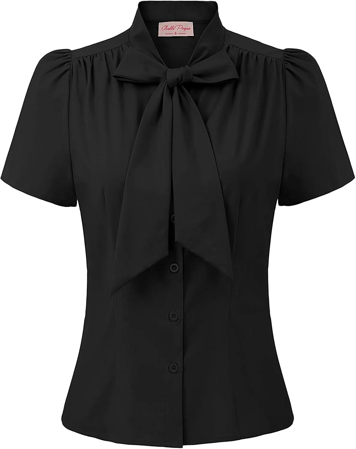 Belle Poque Summer Short Sleeve Office Button Down Blouse Stripe Shirt Tops with Bow Tie BP573