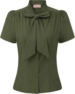 Belle Poque Summer Short Sleeve Office Button Down Blouse Stripe Shirt Tops with Bow Tie BP573