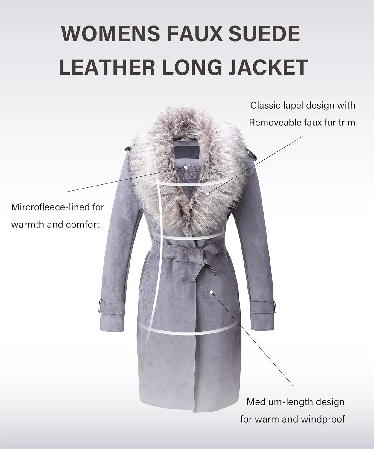 Bellivera Women Faux Leather Trench Coat Fleece-Lined Mid-length Jacket with Detachable Fur Collar