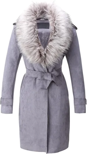 Bellivera Women Faux Leather Trench Coat Fleece-Lined Mid-length Jacket with Detachable Fur Collar