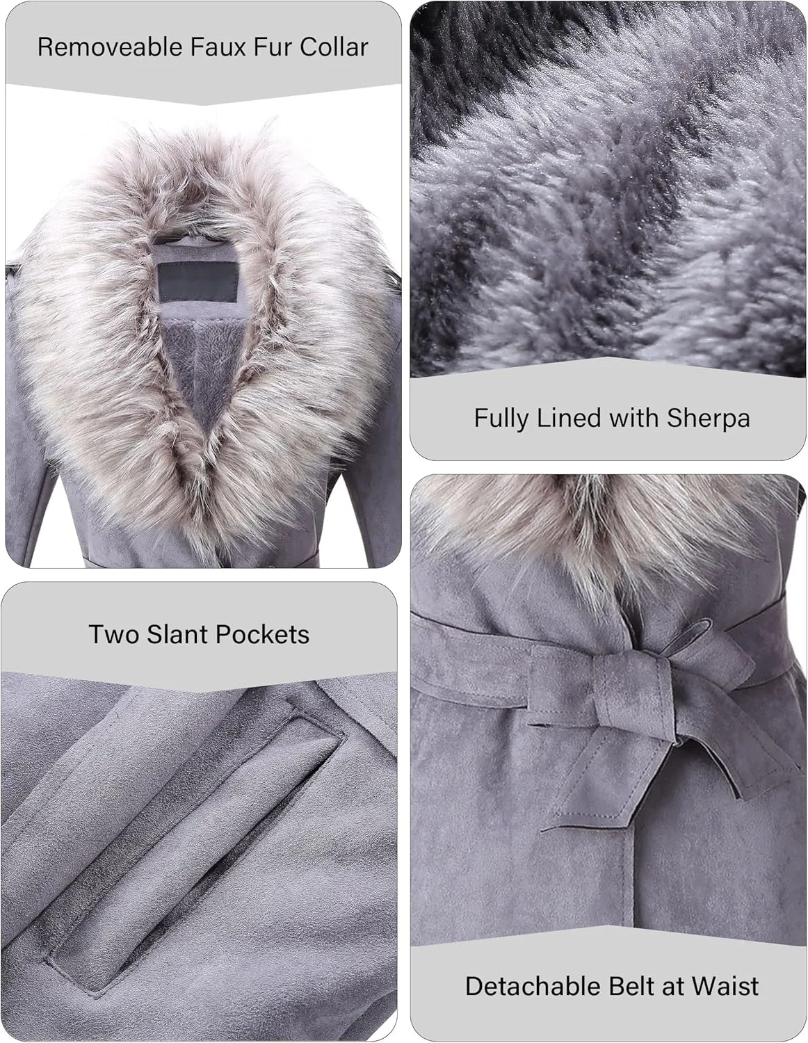 Bellivera Women Faux Leather Trench Coat Fleece-Lined Mid-length Jacket with Detachable Fur Collar