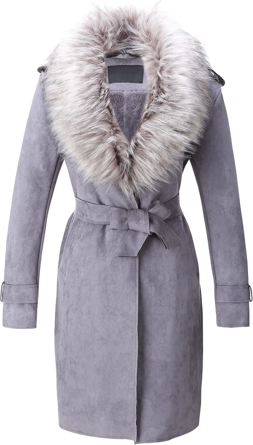 Bellivera Women Faux Leather Trench Coat Fleece-Lined Mid-length Jacket with Detachable Fur Collar