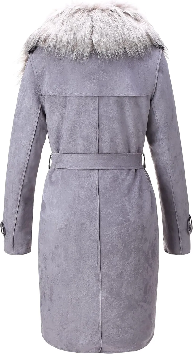 Bellivera Women Faux Leather Trench Coat Fleece-Lined Mid-length Jacket with Detachable Fur Collar