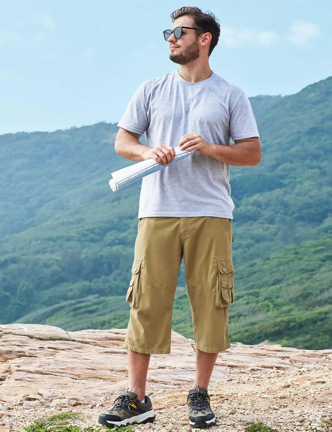 BEST SOUTH 3/4 Capri Long Cargo Shorts for Men Below Knee 18 Inches Pants Cotton