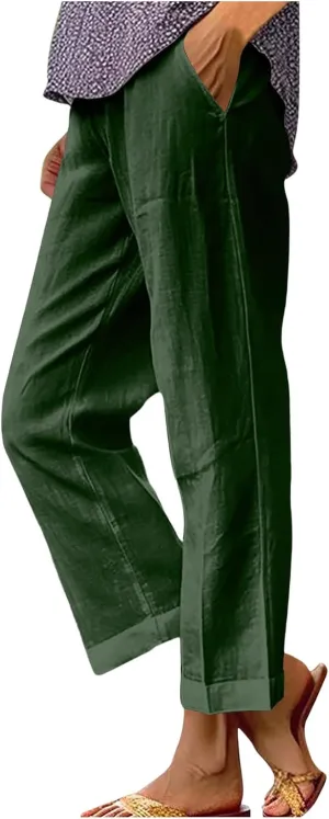 Boho Linen Pants for Women Solid Color Casual Cropped Capri Pants Summer Drawstring Straight Leg Trousers