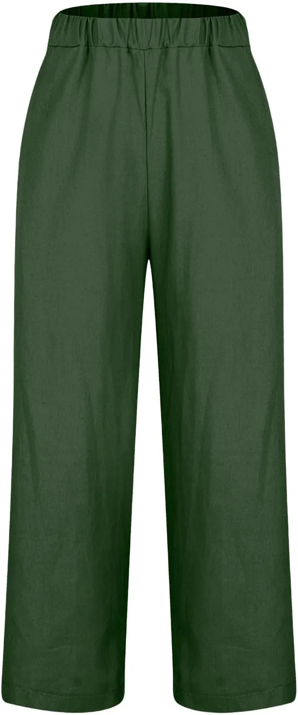 Boho Linen Pants for Women Solid Color Casual Cropped Capri Pants Summer Drawstring Straight Leg Trousers