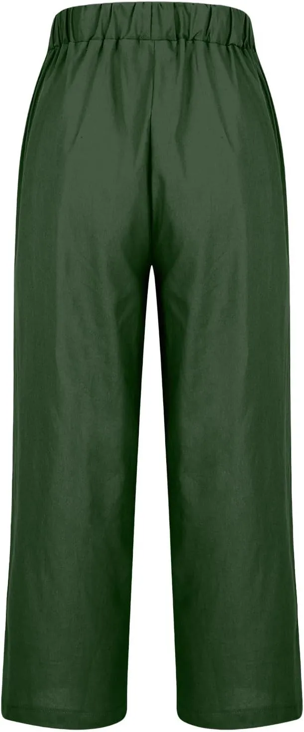 Boho Linen Pants for Women Solid Color Casual Cropped Capri Pants Summer Drawstring Straight Leg Trousers