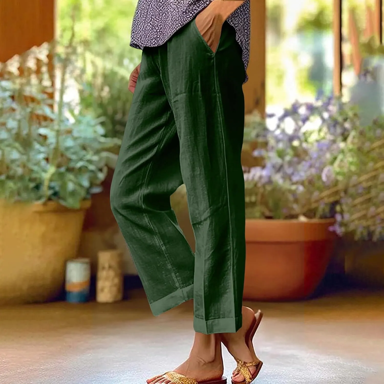 Boho Linen Pants for Women Solid Color Casual Cropped Capri Pants Summer Drawstring Straight Leg Trousers