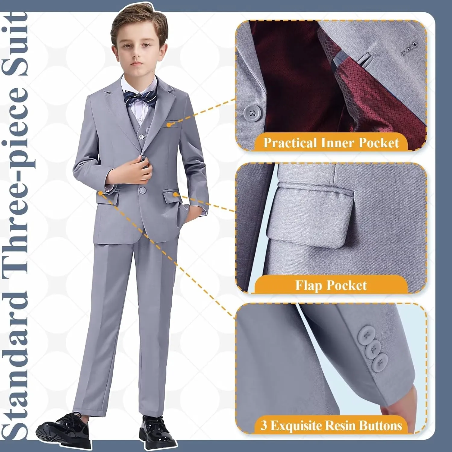 Boy's Suit Slim Fit Formal 3 Pieces Suit Set, Dress Suit Blazer Vest Pants, Kids Wedding Ring Bearer Outfit Size 2T-20