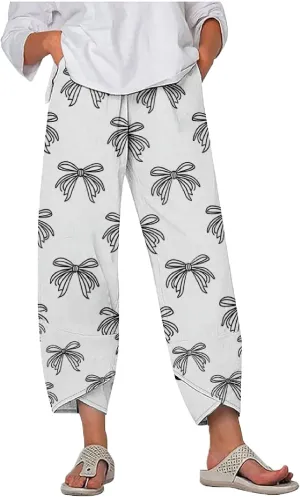 Capri Pants for Women Casual Summer Printed Cropped Linen Blend Dressy Baggy Trousers with Pockets Lounge Pants
