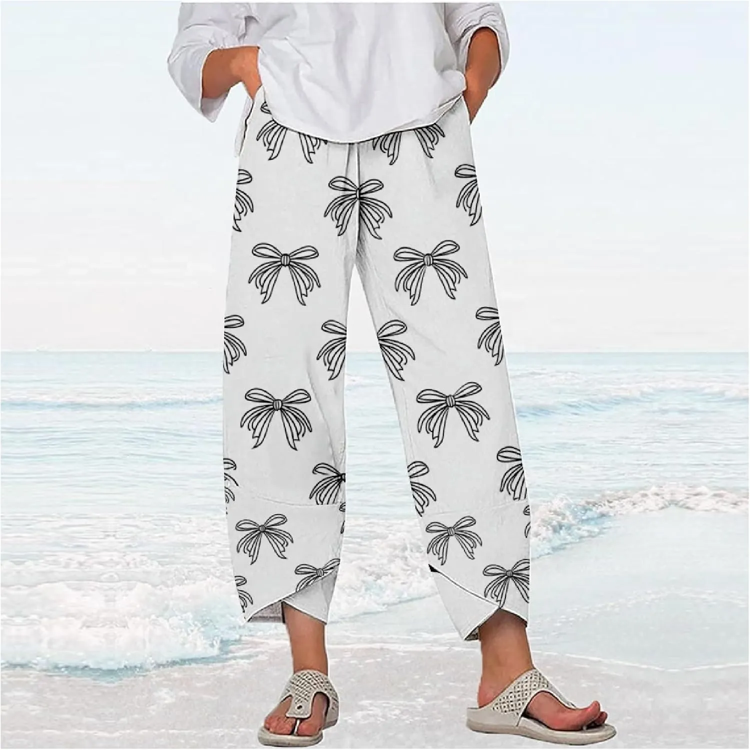 Capri Pants for Women Casual Summer Printed Cropped Linen Blend Dressy Baggy Trousers with Pockets Lounge Pants