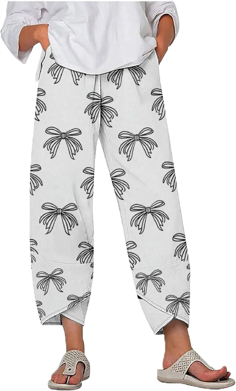 Capri Pants for Women Casual Summer Printed Cropped Linen Blend Dressy Baggy Trousers with Pockets Lounge Pants