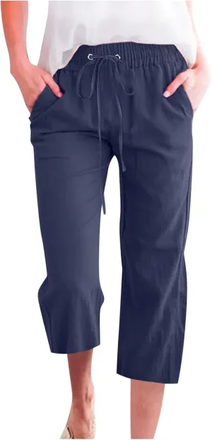 Capri Pants for Women Summer Cotton Linen Pant Casual Beach Capris Lounge Wide Leg Cropped Trousers Pant with Pockets