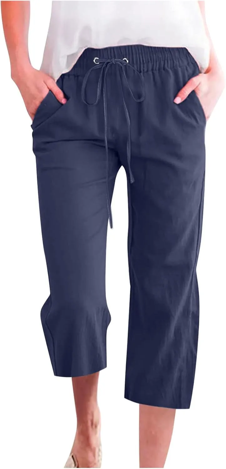 Capri Pants for Women Summer Cotton Linen Pant Casual Beach Capris Lounge Wide Leg Cropped Trousers Pant with Pockets