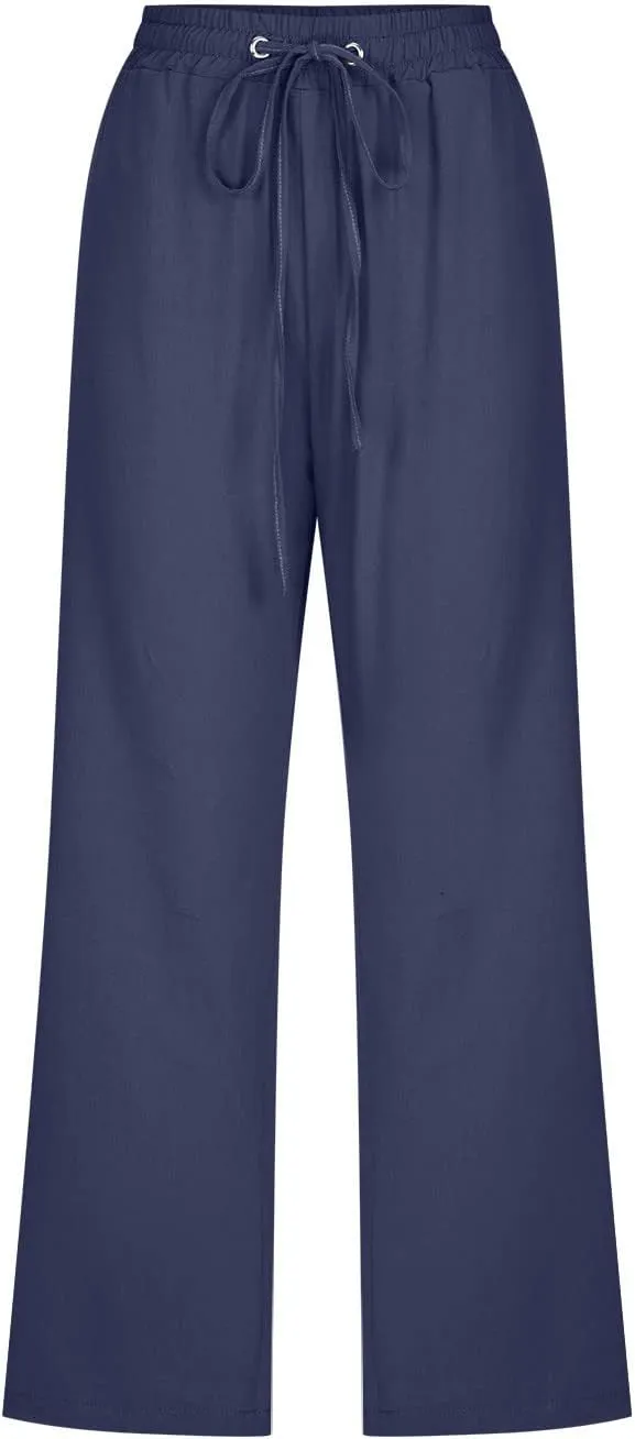 Capri Pants for Women Summer Cotton Linen Pant Casual Beach Capris Lounge Wide Leg Cropped Trousers Pant with Pockets