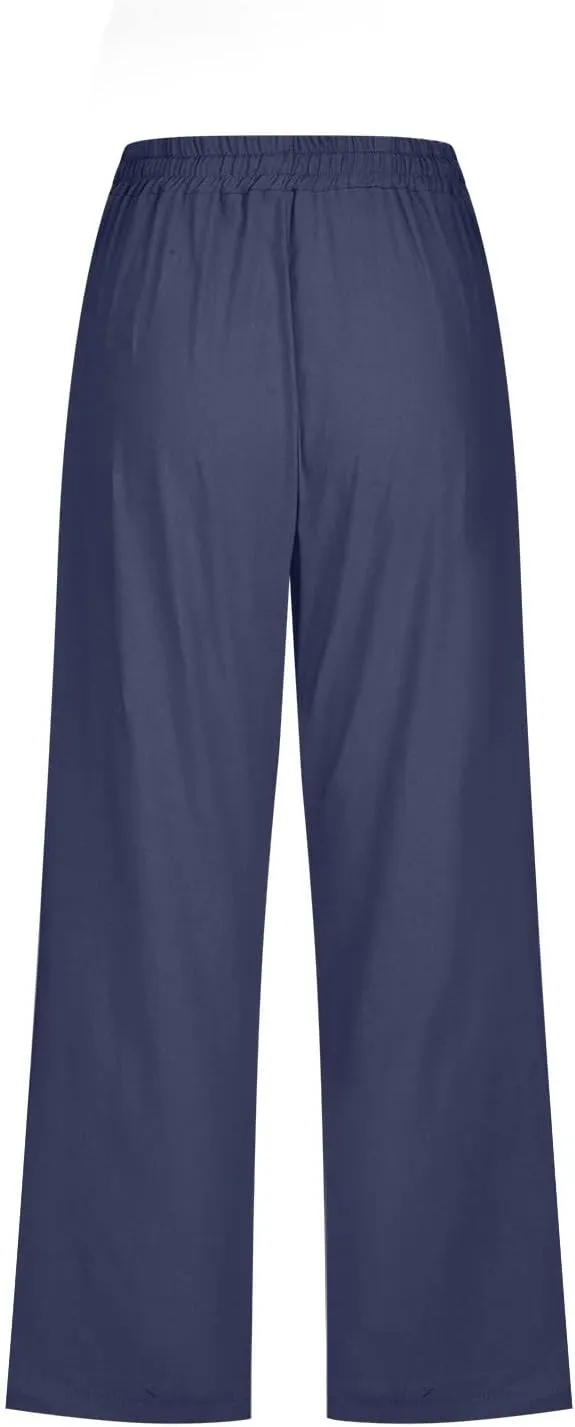 Capri Pants for Women Summer Cotton Linen Pant Casual Beach Capris Lounge Wide Leg Cropped Trousers Pant with Pockets