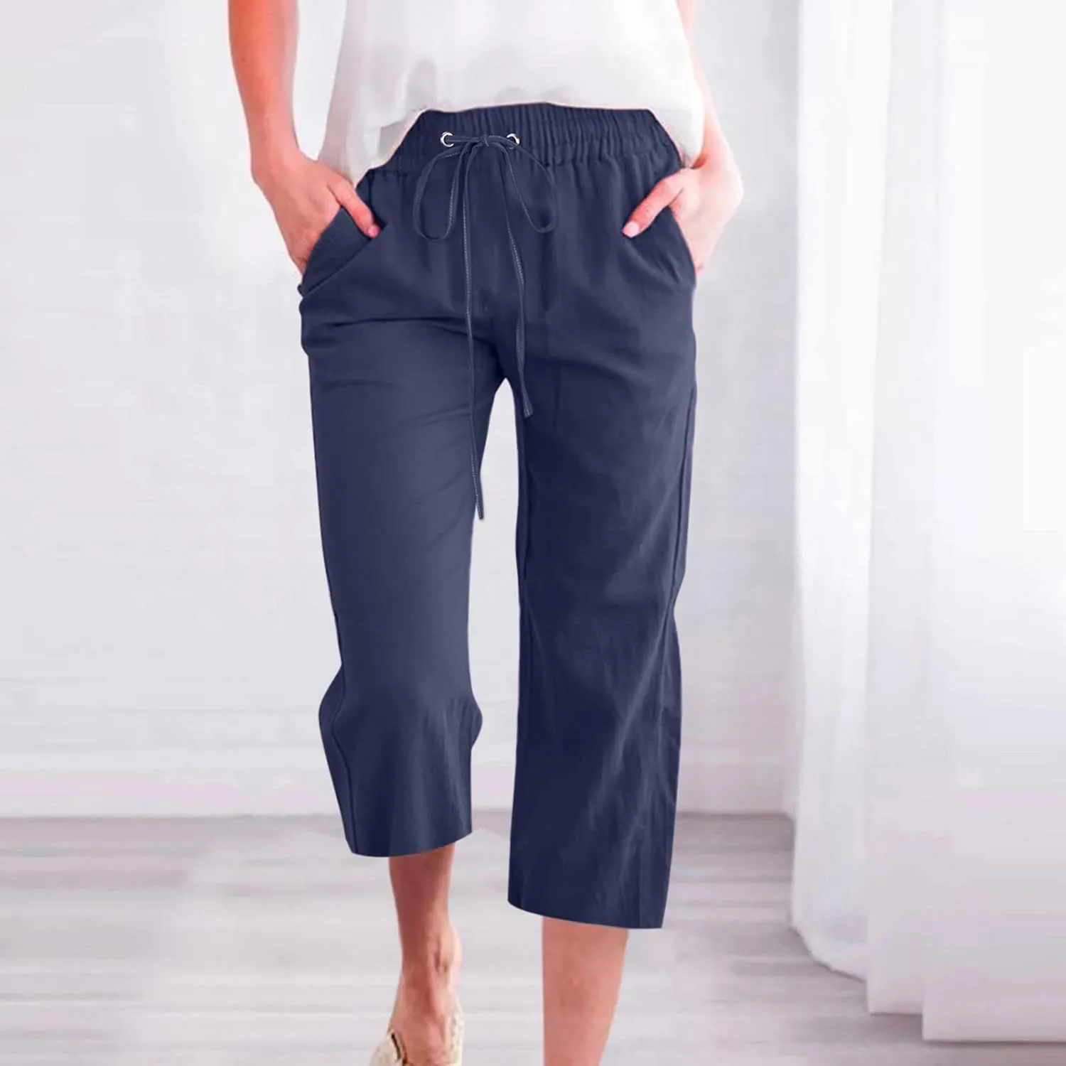 Capri Pants for Women Summer Cotton Linen Pant Casual Beach Capris Lounge Wide Leg Cropped Trousers Pant with Pockets