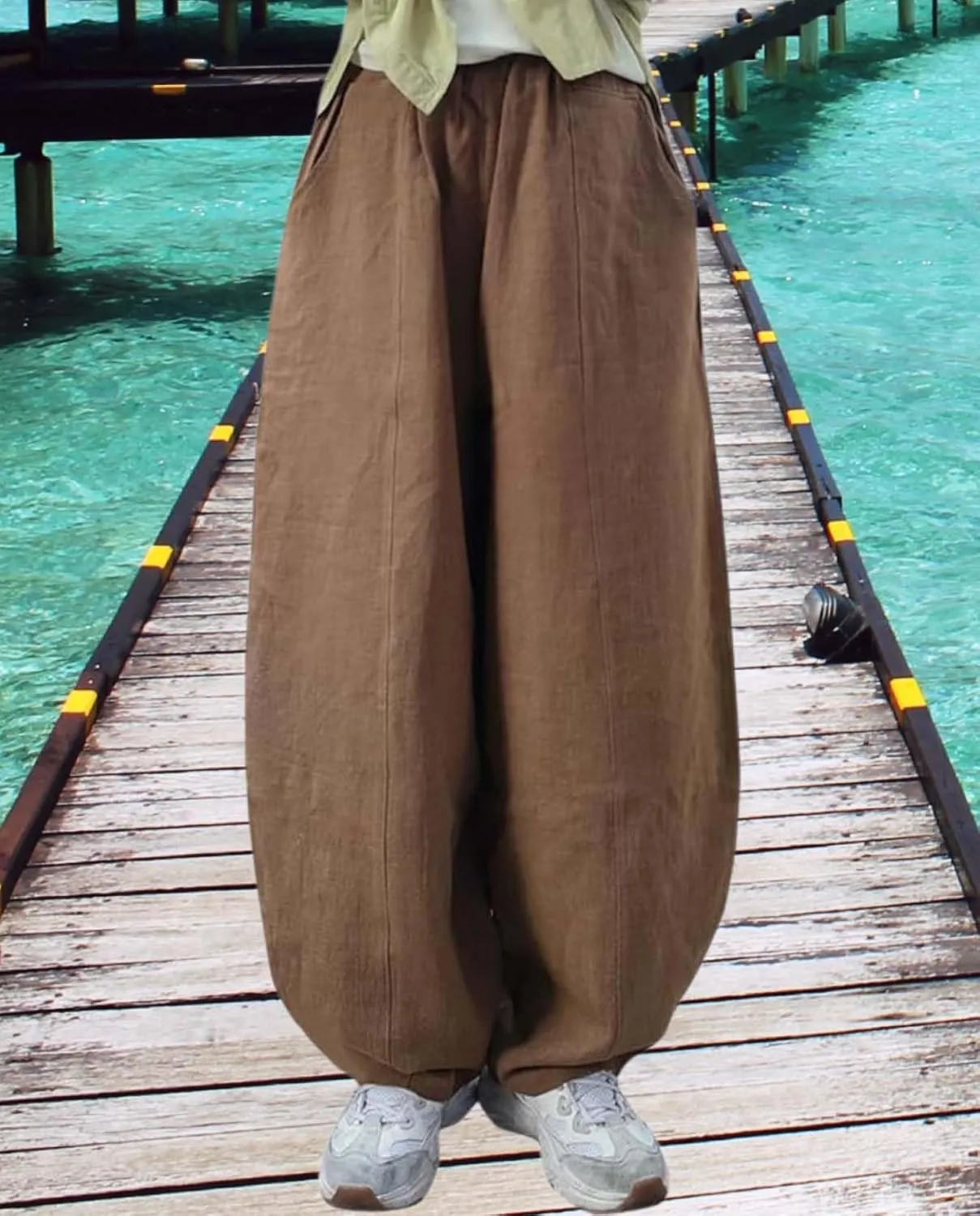Cargo Japanese Pants for Women Soild Cotton Linen Wide Leg Pants Casual Fall Baggy Lantern Trouser with Pockets