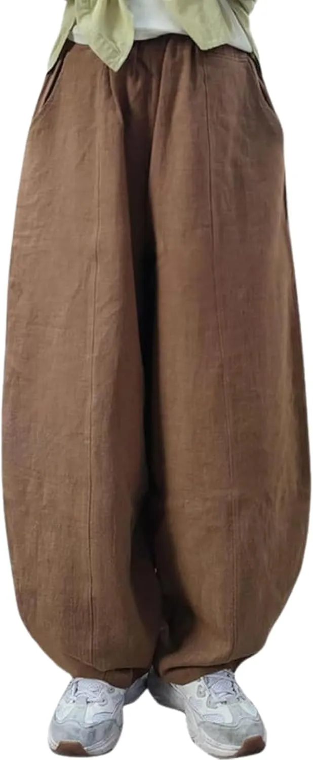 Cargo Japanese Pants for Women Soild Cotton Linen Wide Leg Pants Casual Fall Baggy Lantern Trouser with Pockets