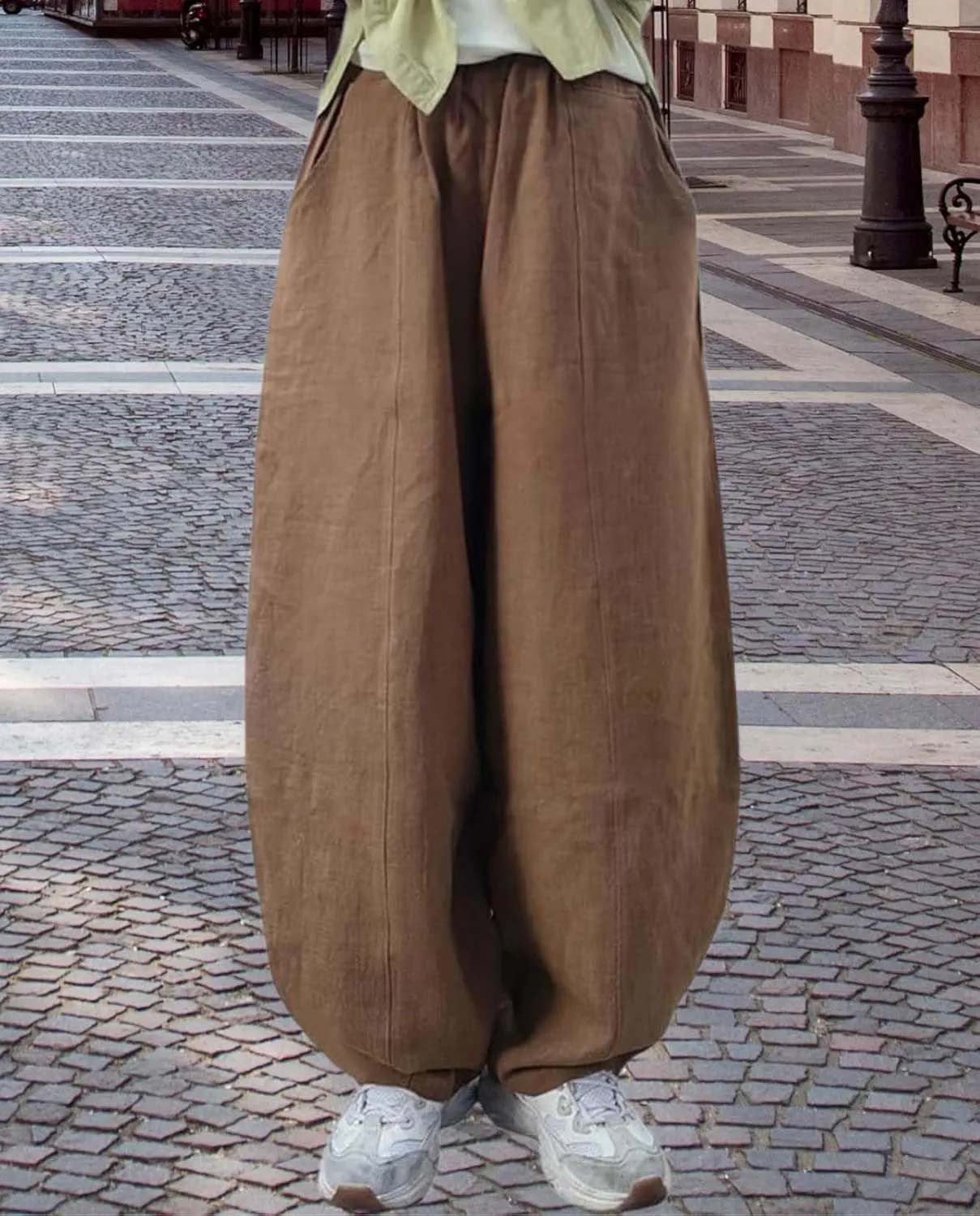 Cargo Japanese Pants for Women Soild Cotton Linen Wide Leg Pants Casual Fall Baggy Lantern Trouser with Pockets