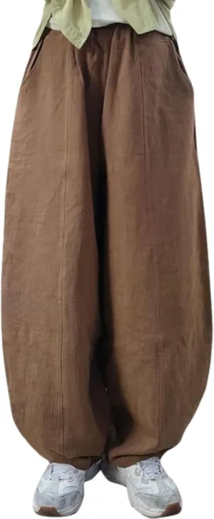 Cargo Japanese Pants for Women Soild Cotton Linen Wide Leg Pants Casual Fall Baggy Lantern Trouser with Pockets
