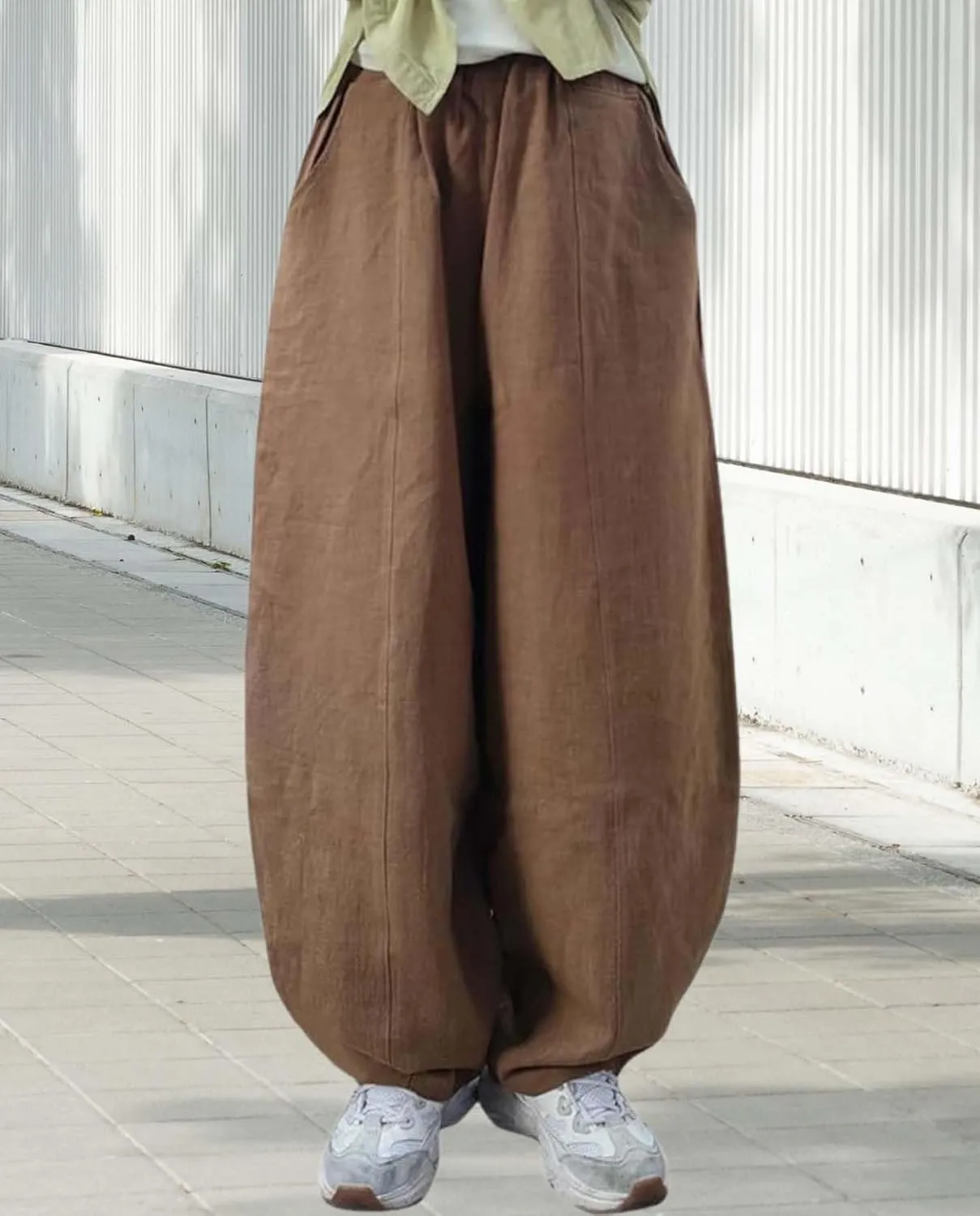 Cargo Japanese Pants for Women Soild Cotton Linen Wide Leg Pants Casual Fall Baggy Lantern Trouser with Pockets