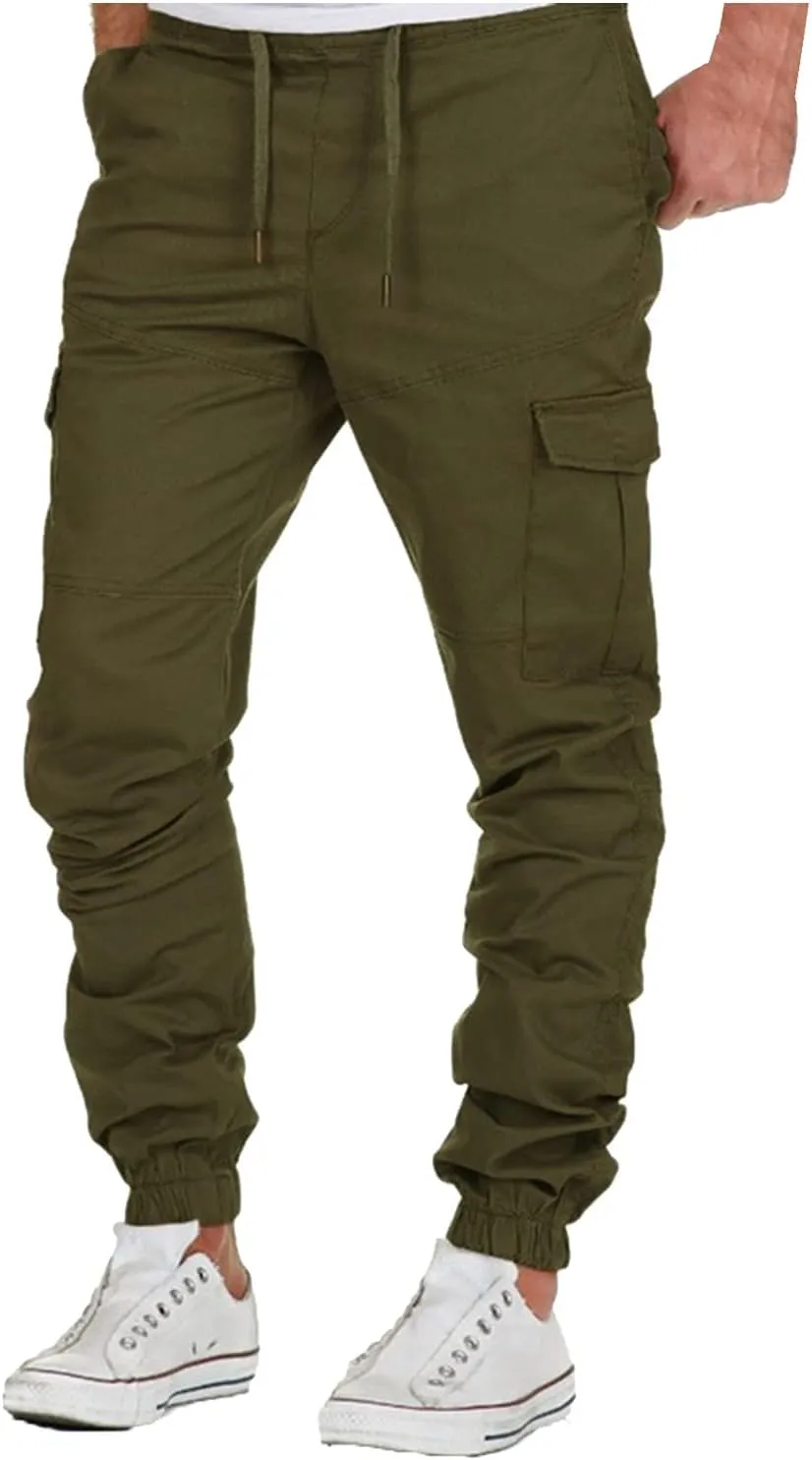 Cargo Trousers for Men Baggy Workout Jogger Pants Drawstring Straight Leg Trousers Straight-Fit Multi-Pocket Cargo