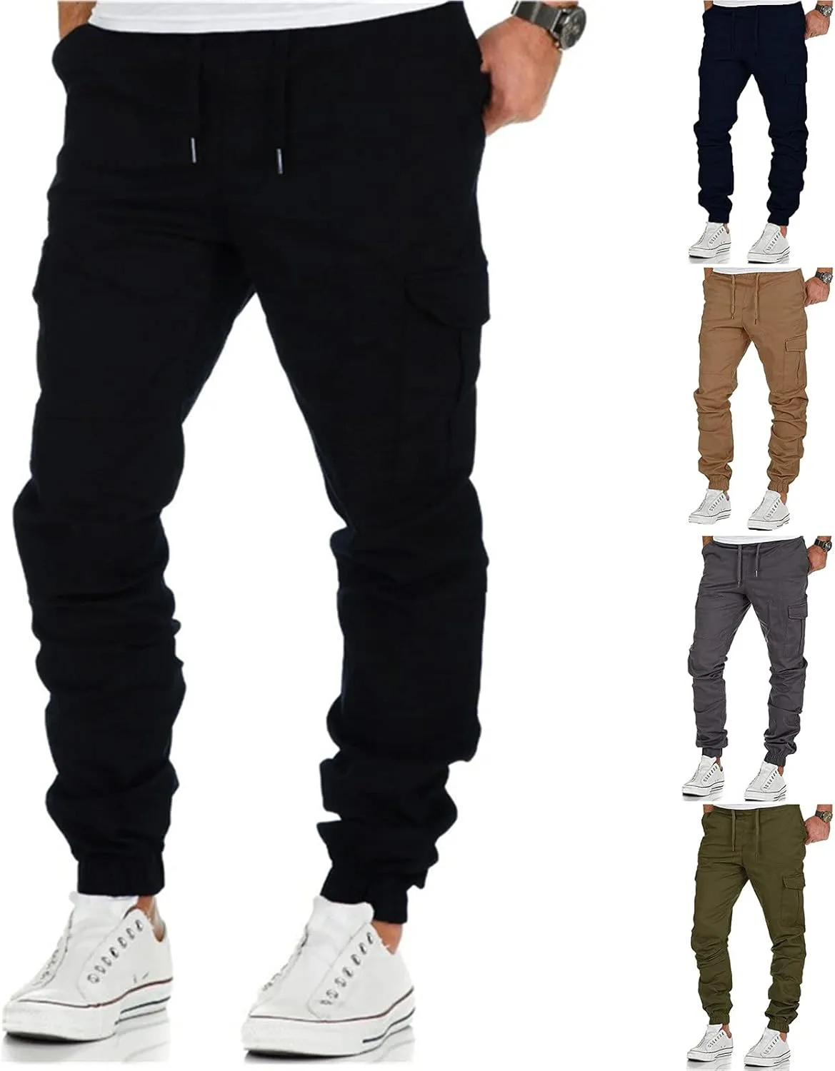 Cargo Trousers for Men Baggy Workout Jogger Pants Drawstring Straight Leg Trousers Straight-Fit Multi-Pocket Cargo
