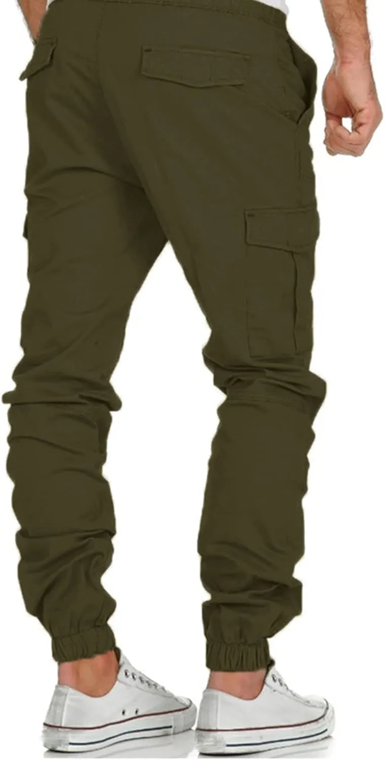 Cargo Trousers for Men Baggy Workout Jogger Pants Drawstring Straight Leg Trousers Straight-Fit Multi-Pocket Cargo
